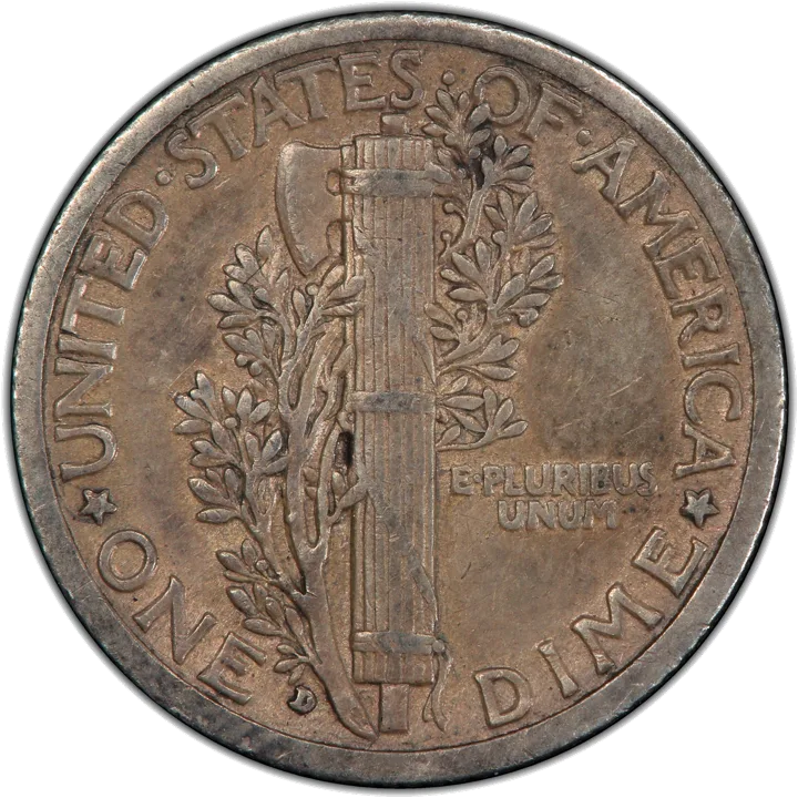 A 1916-D Mercury dime with the D mint mark on the back