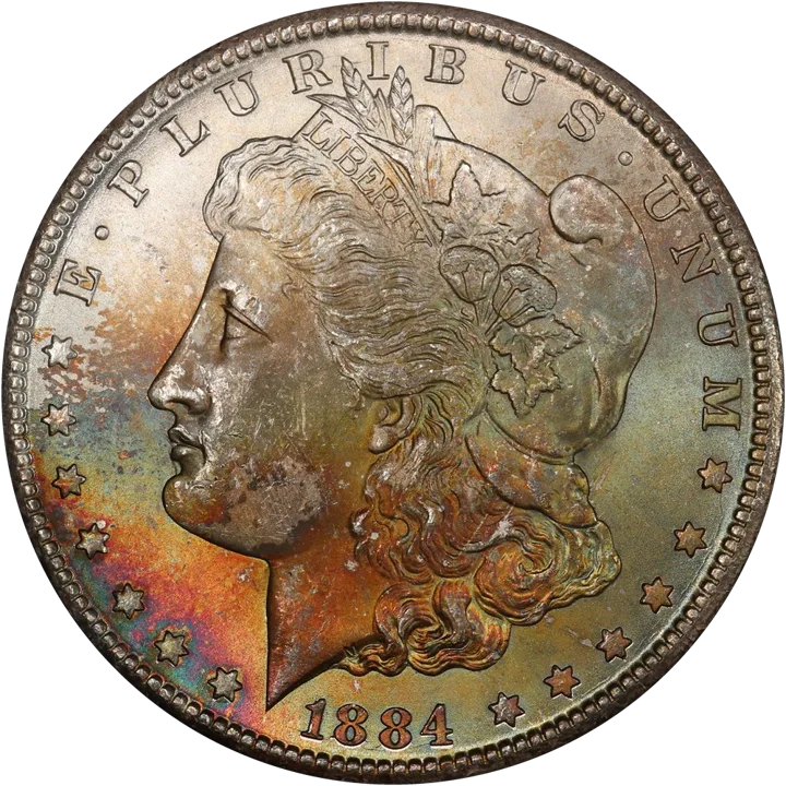 An 1884-CC Morgan silver dollar, Liberty head side