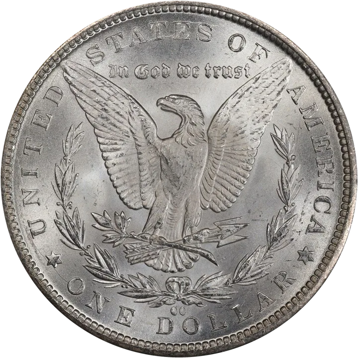 An 1884-CC Morgan dollar with the CC mint mark under the wreath