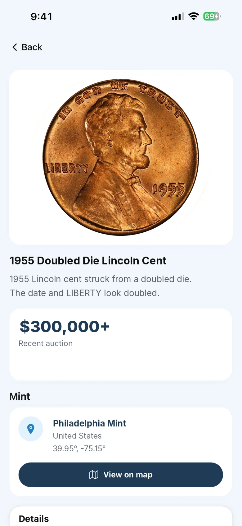 The AnyCoins app showing a 1955 doubled die penny