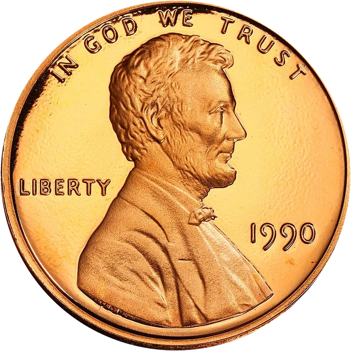 A 1990 proof Lincoln cent with no S mint mark under the date