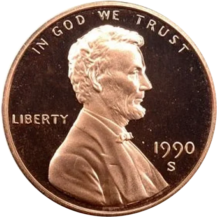 A normal 1990-S proof cent with an S under the date